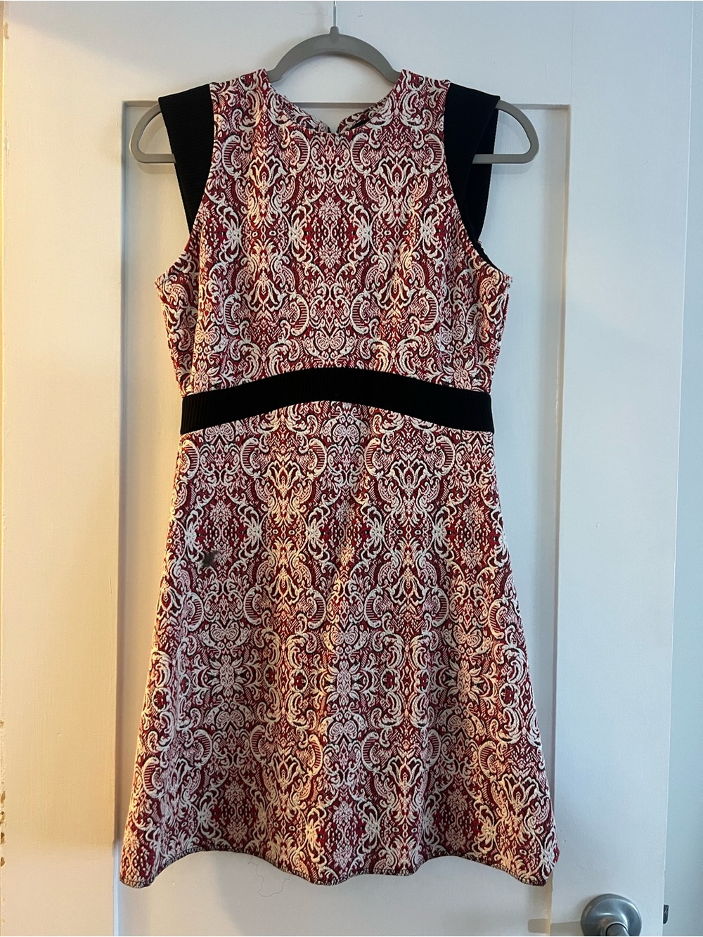 ZARA Sleeveless Red Brocade A-Line Dress with Black Accents